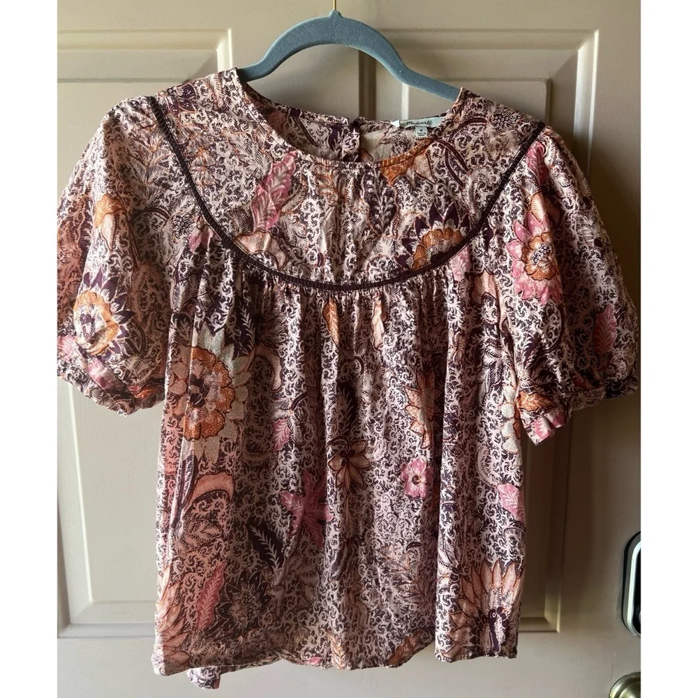 Madewell Brown Bali Blooms Yoked Puff Sleeve Blouse Top EUC M #1059